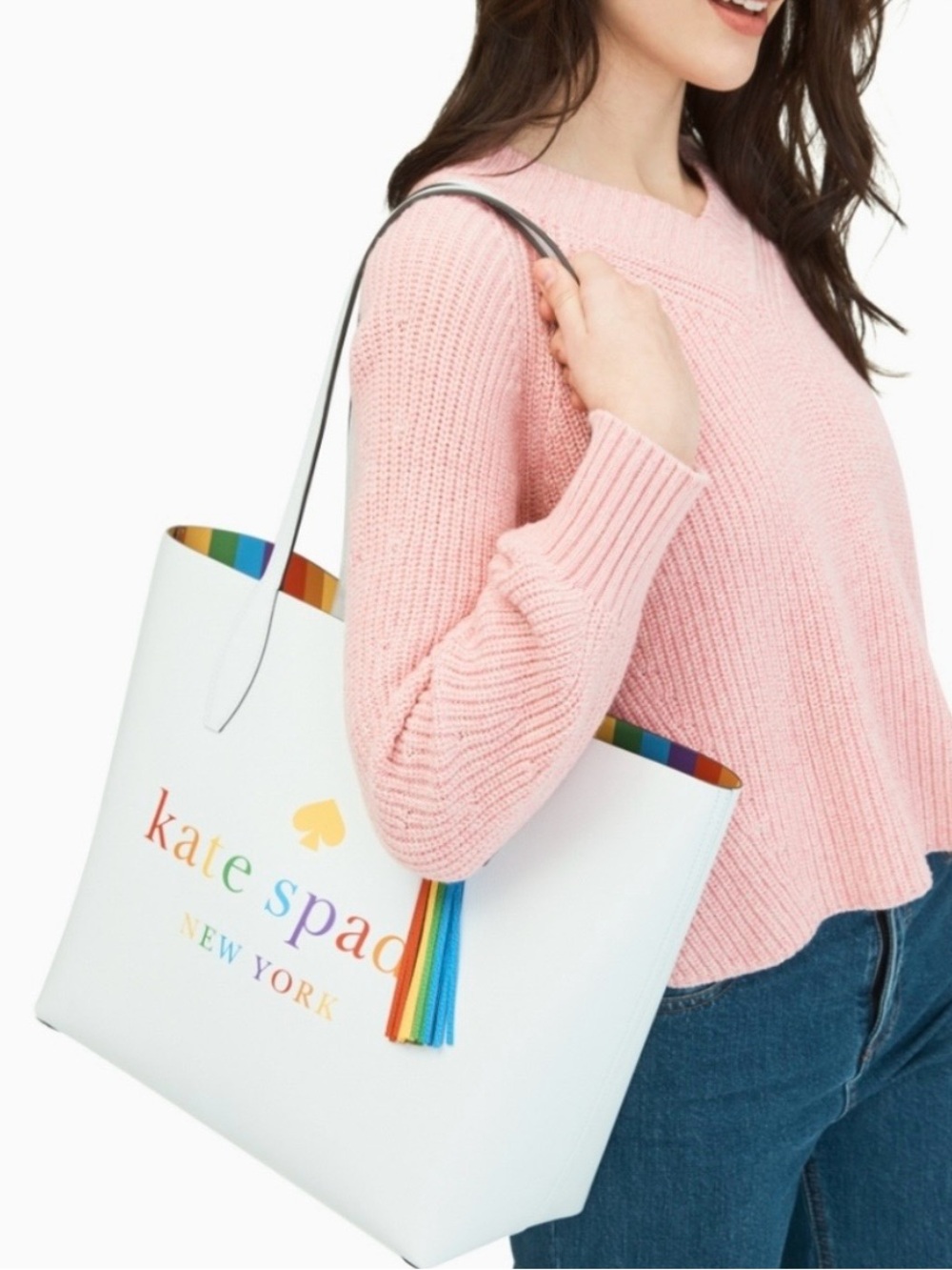 kate spade Reversible Tote White Leather & Rainbow with Pouch and Tassel